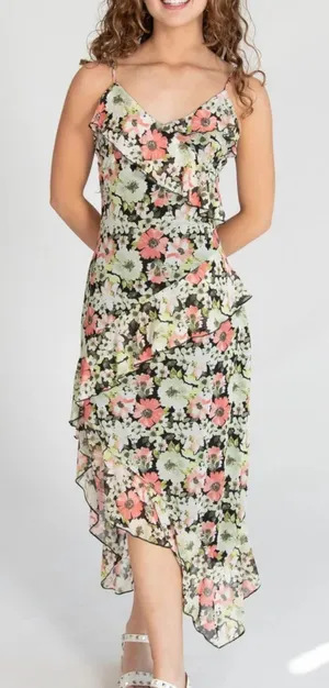 No Comment Floral Asymmetrical Hem Ruffle Mesh Midi w Midi Slip Dress Size L thumbnail 1