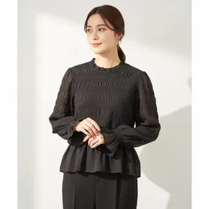Express Elegant Black Smocked Balloon Sleeve Peplum Blouse NWT thumbnail 5