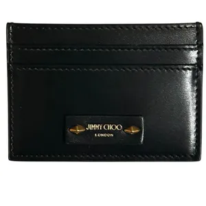 Jimmy Choo Umika Black Leather Card Holder Gold Diamond Studs Italy Designer thumbnail 9