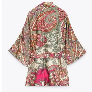 Zara Multicolor Satin Silk Paisley Print Duster Wrap Kimono Caftan Top Jacket thumbnail 4