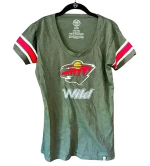 47 Brand Minnesota Wild NHL Hockey T-Shirt Green Striped Sleeve Logo‎ Large thumbnail 1