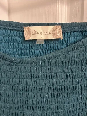 Altar’d State Green Smocked Tiered Dress Sheer Long Sleeve Shimmer Boho S thumbnail 3