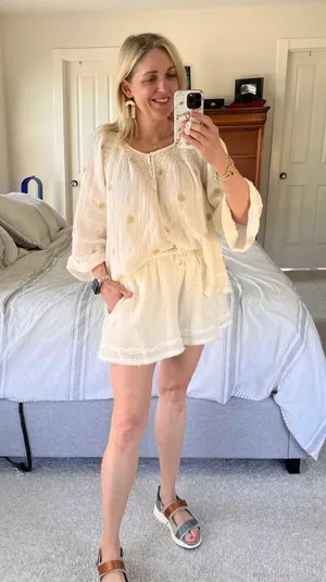 Free People NWT $168 Ivory Aldous Embroidered Button Front Raw Seaming Set S thumbnail 1