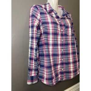 Gap Shirt Womens Small Blue Pink Boyfriend Plaid Long Sleeve Button Front Top thumbnail 5