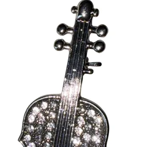 Crystal Rhinestone Violin Brooch Pin Silver thumbnail 3