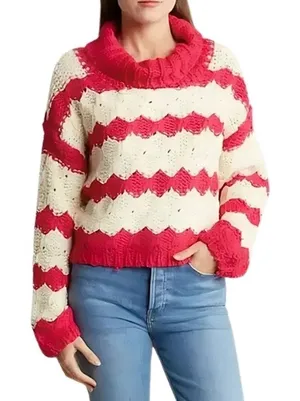 Gary Collective Preppy Chic Striped Turtleneck Pink Cream Cozy Knit Sweater L thumbnail 1
