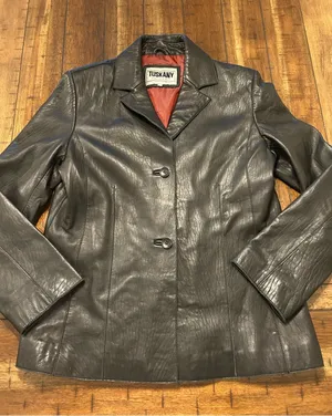 Tuskany Womens XXL Genuine Leather Blazer Jacket Black Y2K Fitted thumbnail 1