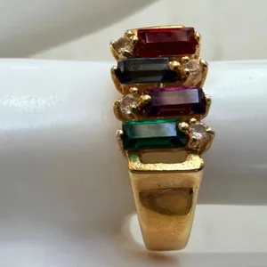 18K GER Multicolor Baguette Ring Gold Tone Rainbow Stone Band thumbnail 3