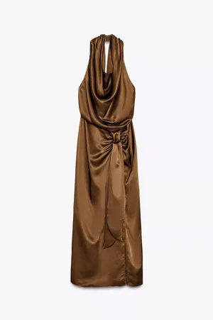Zara Brown Satin maxi long Dress evening party holiday wedding cocktail gown thumbnail 10