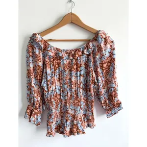 Free People Floral Ruffle Smocked Back Blouse Blue Brown‎ Small thumbnail 2