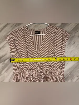 Nicole Miller Brown White Striped V-Neck Tiered Romper Dress Cap Sleeve Smocked thumbnail 3