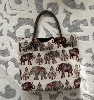 Handmade Elephant Embroidered Tote Bag - Brown Mahogany Beige 15”x15”x4” EUC thumbnail 1
