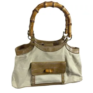 Avon 2006 Faux Bamboo Handle Canvas Satchel Handbag Beige Croc Embossed Purse thumbnail 1