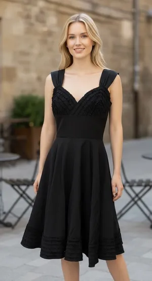 Candice Gwinn New Orleans Black Dress Ruffle Trim Fit‎ & Flare Midi Party Sz 8 thumbnail 1