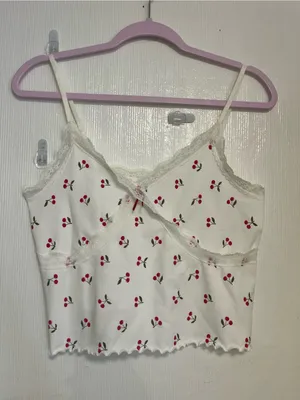 Francesca's Collections White Cherry Print Lace Trim Tank Size L thumbnail 1