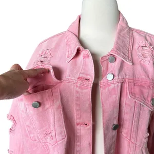 Cropped Pink Distressed Fringe Denim Jean Jacket L Western Cowgirl Festival thumbnail 8
