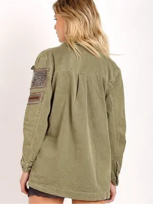 Free People Green Military Embroidered Beaded Shirt Jacket thumbnail 6