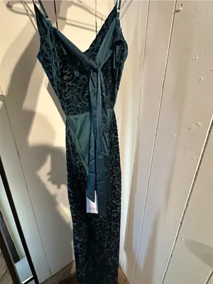 AKIRA NWT Elegant Teal Green Velvet Slip Dress with Floral Burnout side cutout thumbnail 5