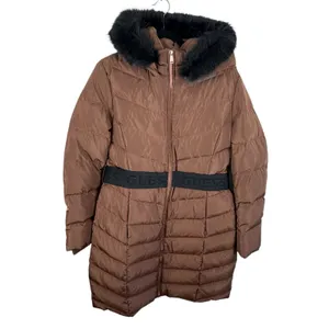 GUESS‎ Janina Brown Long Line Faux Fur Hood Full Zip Down Puffer Jacket Size L thumbnail 2