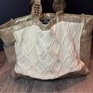 TORY BURCH Tote Bag Cable Knit METALLIC GOLD TRIM Wool Silk Lining Horse READ! thumbnail 7