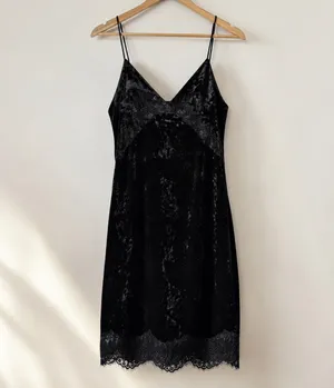 TOPSHOP Black Velvet Slip Dress / v-neck mini dress with black lace thumbnail 1
