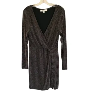 ROW-A‎ Metallic Pinstripe Faux Wrap Mini Dress Black Gold XXL Party Cocktail thumbnail 2
