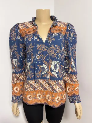 Love The Label Blue Orange Floral Batik Print Ruffle Neck Cotton BOHO Blouse Med thumbnail 1