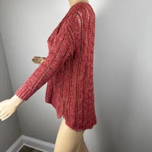 Red/Orange Crochet Knit Sweater Women's Open Weave Boat Neck 3/4 Sleeve‎ thumbnail 4