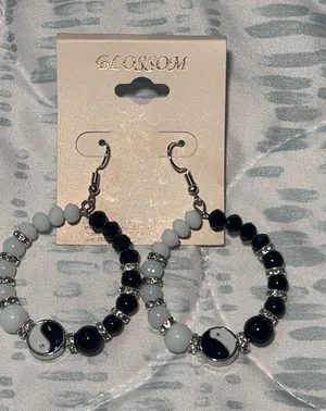 Beaded hoop earrings, Blossom brand, black and white yin yang design with silver accents thumbnail 1