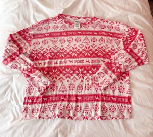 PINK Victoria’s Secret Red Fair Isle Long Sleeve Sleepwear Top Size Small thumbnail 1