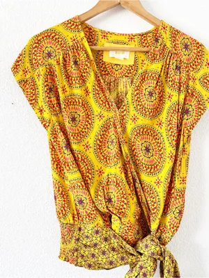 Anthropologie Maeve Yellow Multicolor Boho Wrap Tie Resortwear V-Neck Blouse Top thumbnail 3