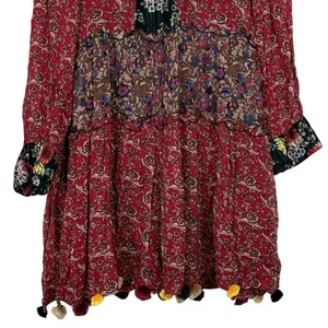 Zara Floral Patchwork Tiered Pompom Semi Sheer Peasant Mini Dress M Black Red thumbnail 4