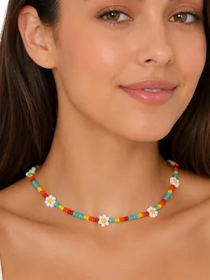 NWOT Rainbow Beach Surf Natural Hippie Love Beaded Choker Flower Glass Necklace thumbnail 2