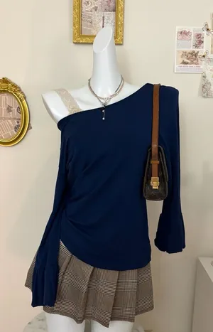 Lauren Ralph Lauren Top Size L Blue One-Shoulder Bell Sleeve Knit Blouse thumbnail 1
