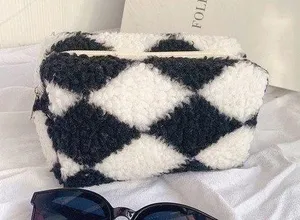 Black Checkered Plush Cosmetic Makeup Bag thumbnail 1