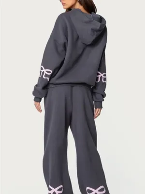 Edikted Pink Bow Matching Set Dark Grey Hoodie & Wide Leg Sweatpants Coquette thumbnail 2