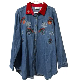 Bobbie Brooks Woman size 14W/16W Embroidered Ornaments Christmas Denim Shirt VTG thumbnail 1