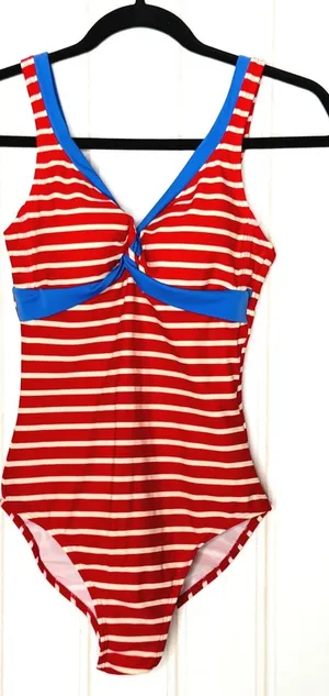 Boden Red White Striped One Piece Swimsuit Blue Trim Twist Front US 6 UK 10 thumbnail 1