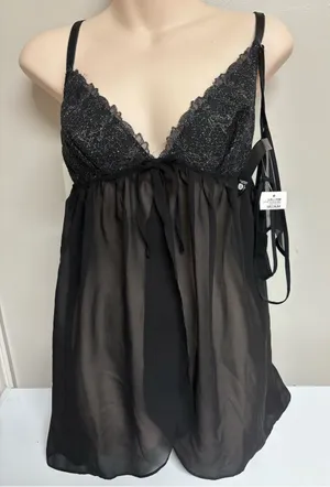 2 Pc Sheer Lace Babydoll Chemise Nightgown - Black with Matching Thong thumbnail 1