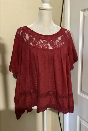 Free People Burgundy Red Lace Inset Open Knit Boho Blouse Top Womens Medium thumbnail 1
