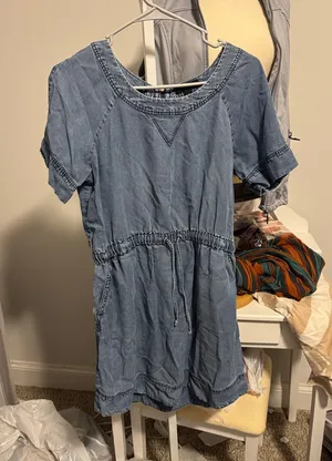 J. Crew Light Blue Denim Short Sleeve Drawstring Dress thumbnail 1