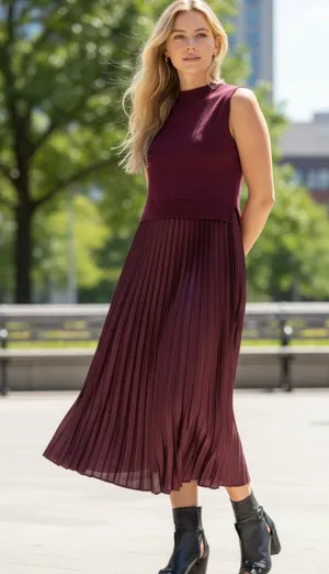NWT MAX STUDIO Mock Neck Sleeveless Twofer Dress Large, WINE thumbnail 1