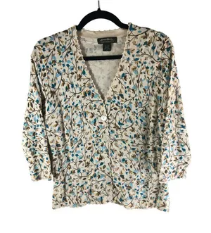 Eddie Bauer Floral Button-Down Cardigan Sweater Womens M Beige Blue Cotton Blend thumbnail 1