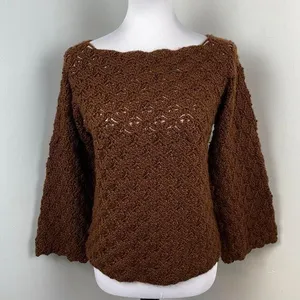 Handmade Chocolate Brown Boho Crochet Bell Sleeve Sweater thumbnail 1