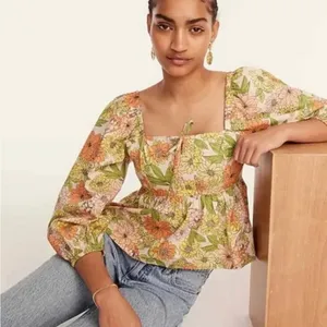 J. Crew Orange and Green Puff Sleeve Peplum Blouse | Size 4 - New thumbnail 1