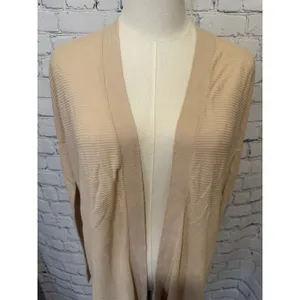 LOFT ribbed open-front cardigan sweater in a neutral tan or light beige medium thumbnail 2
