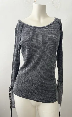 Whimsigoth Grunge Thermal Top M Black Coal lace up witchy punk devilcore Metal thumbnail 1