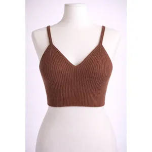 Brown Ribbed Crop Cami V Neck Spaghetti Strap Chocolate Fall M/L Size M thumbnail 2