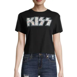 KISS Embroidered flowers logo Cropped T Shirt Size S, M Black thumbnail 2