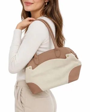 Bueno Two Tone Cream Tan Pebbled Faux Leather Shoulder Bag Gold Hardware thumbnail 1